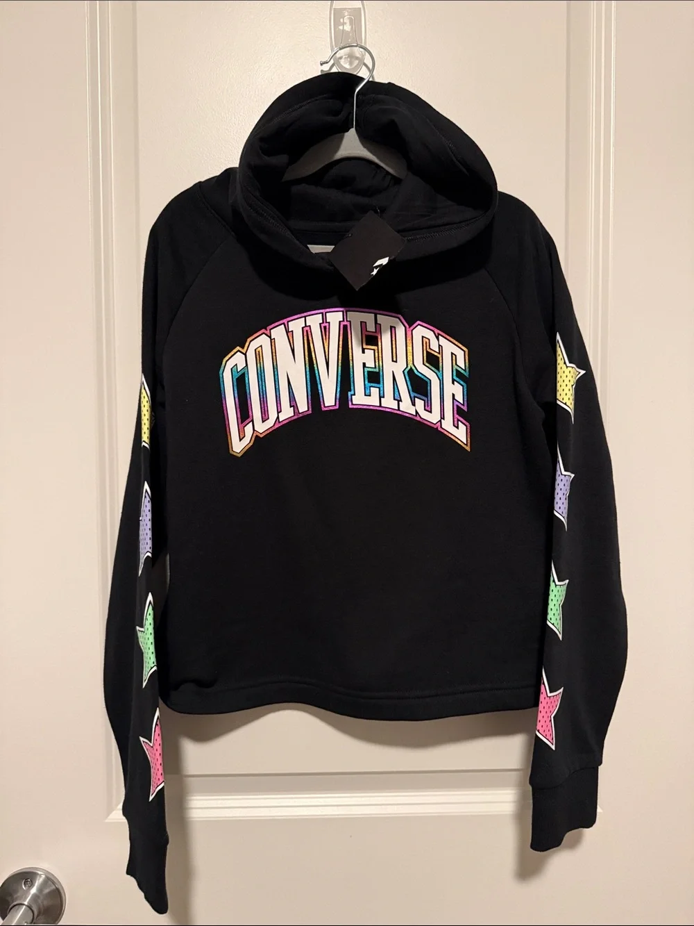 Converse Black Hoodie with Multicolor Rainbow Logo and Star Sleeve Prints